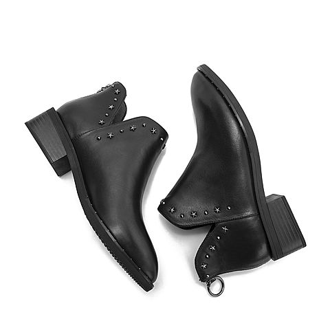 BELLE/百丽专柜同款黑铆钉装饰油皮牛皮革女及踝靴BPB56DD8