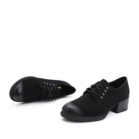 BELLE/百丽专柜同款黑色磨砂羊皮革粗跟休闲女皮鞋S9R1DCM8
