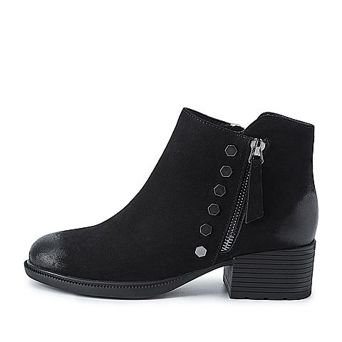 BELLE/百丽专柜同款黑色磨砂羊皮革女及踝靴（薄绒里）T2H1DDD8