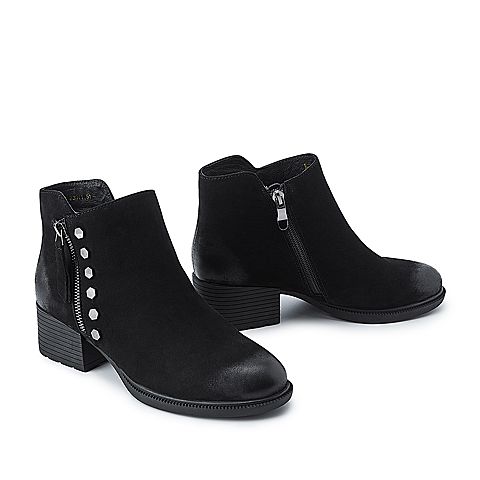 BELLE/百丽专柜同款黑色磨砂羊皮革女及踝靴（薄绒里）T2H1DDD8