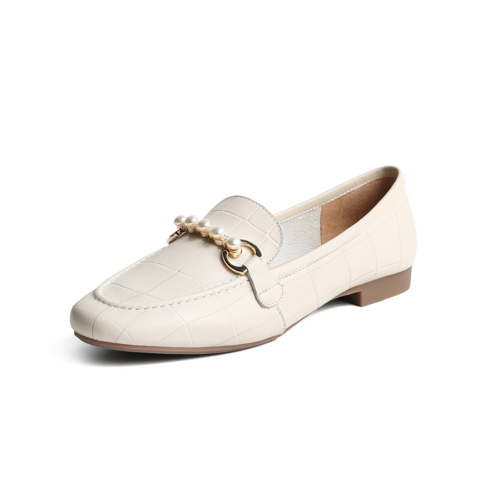 百丽复古乐福鞋2021商场同款石头纹羊皮革珍珠女单鞋W1J1DAA1
