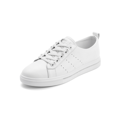 百丽休闲小白鞋女2021商场同款牛皮革珍珠水钻板鞋W3C1DAM1