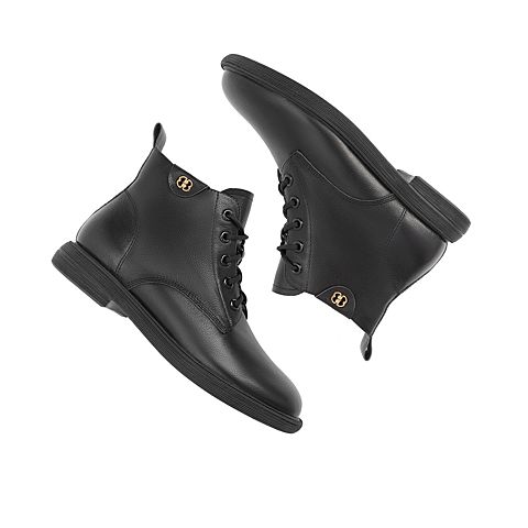 百丽马丁靴女2021冬新款商场同款牛皮革金属扣短靴X1S1DDD1
