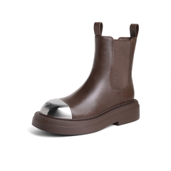 百丽小众铁头烟筒靴女2023冬新商场同款牛皮革厚底短靴BDT62DZ3