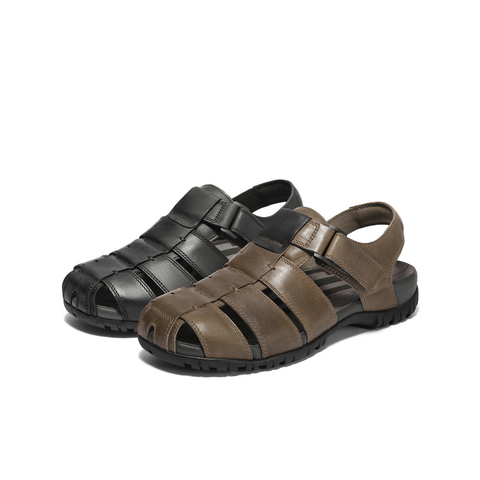 百丽透气休闲沙滩鞋男2025夏新商场同款牛皮包头罗马凉鞋8RM01BL5