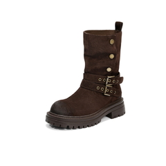 百丽厚底增高西部靴女2025冬新复古绒面潮酷双饰扣中筒靴B2824DZ5