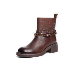 百丽民族风串珠时装靴女2025冬新商场同款真皮厚底短靴F2L1DDD5