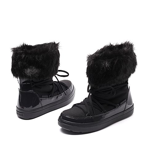 Crocs卡骆驰女鞋 秋冬女士系带洛基靴 黑色 软跟平底短筒靴|203423-001