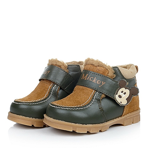 DISNEY/迪士尼童鞋冬季反毛皮/二层皮军绿男婴幼童童靴及踝靴CS0219