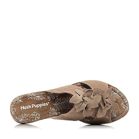 Hush Puppies/暇步士夏季专柜同款杏灰色牛皮/羊皮时尚舒适坡跟女拖鞋HGW03BT4