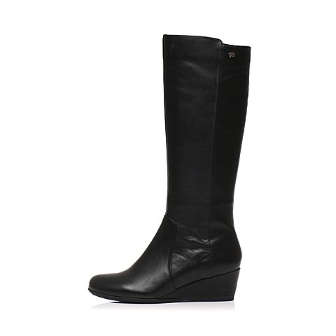 Hush Puppies/暇步士冬季专柜同款黑色牛皮坡跟高筒靴女休闲靴HEK85DG6