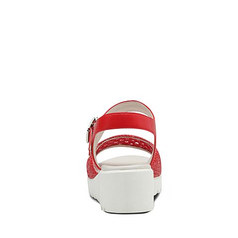 Hush Puppies/暇步士夏季专柜同款红色编织镂空坡跟简约女凉鞋HLK03BL7