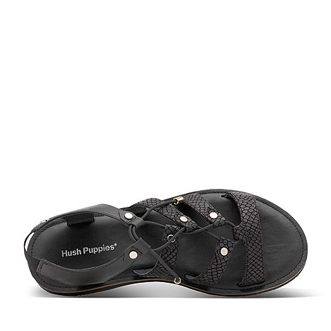 Hush Puppies/暇步士夏季专柜同款黑色羊皮/小牛皮罗马风条带舒适平跟女凉鞋HIZ12BL7
