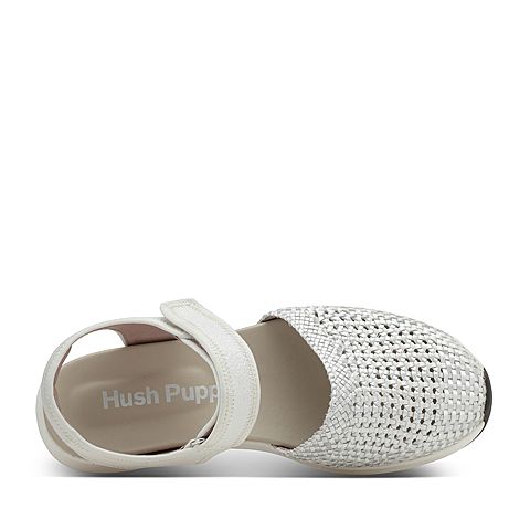 Hush Puppies/暇步士夏季专柜同款白色人造革/羊皮编织镂空纯色坡跟女中空凉鞋HLM01BK7