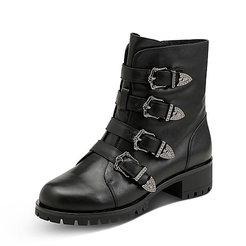 Hush Puppies/暇步士冬季专柜同款黑色牛皮革粗跟女皮靴短靴P1B02DD7