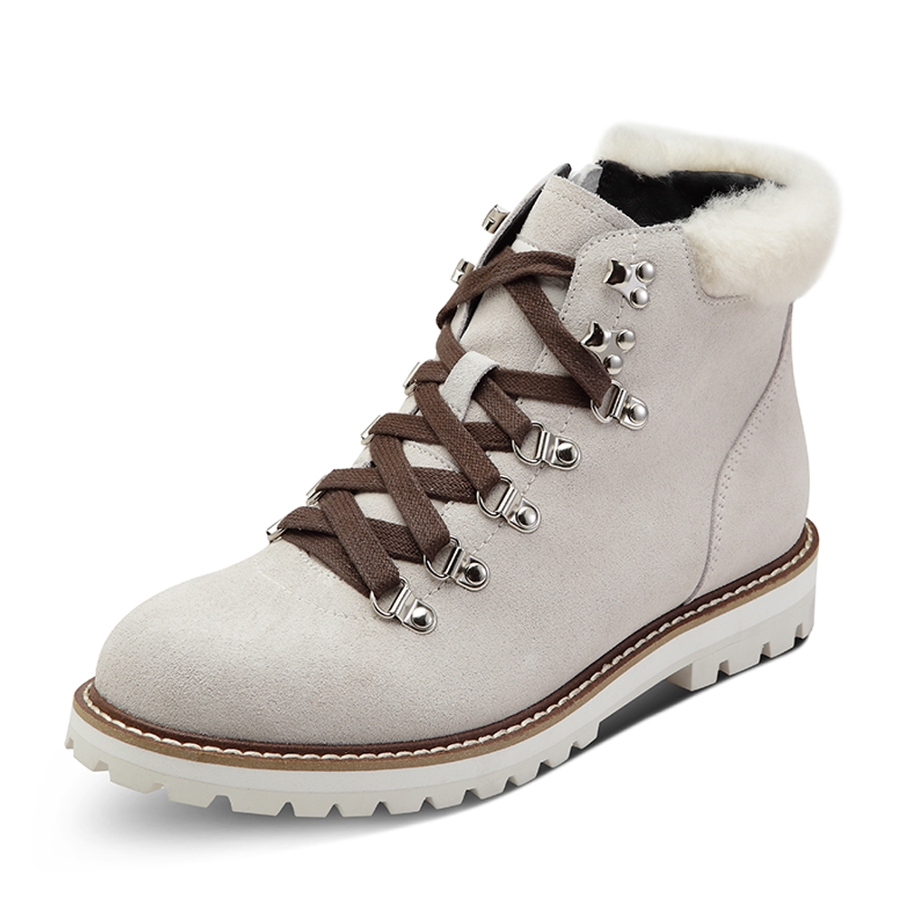 Hush Puppies/暇步士冬季专柜同款米白色牛皮/羊毛皮加绒系带女休闲靴HMD43DD7