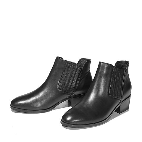 Hush Puppies/暇步士冬季专柜同款黑色牛皮革粗跟女皮靴短靴P1J01DD7