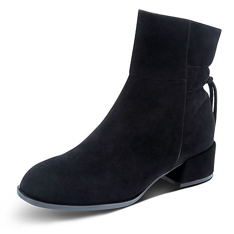 Hush Puppies/暇步士冬季专柜同款黑色绒面羊皮革粗跟女皮靴短靴D1D01DD7