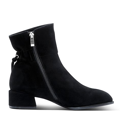 Hush Puppies/暇步士冬季专柜同款黑色绒面羊皮革粗跟女皮靴短靴D1D01DD7