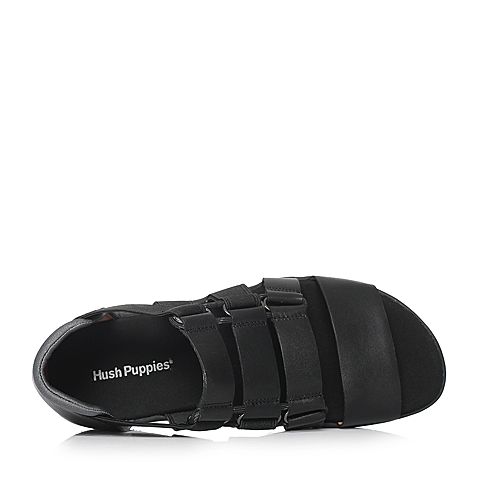 Hush Puppies/暇步士2018夏季专柜同款黑色牛皮/布料平底男皮凉鞋H6I01BL8