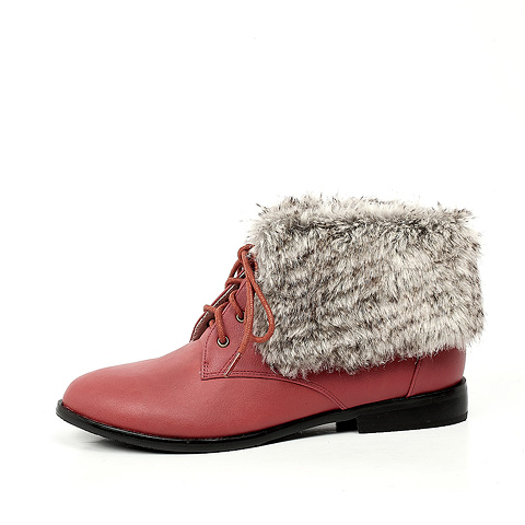 BELLE/百丽旗下 INNET/茵奈儿 及踝靴冬季红色人造革/灰白优质毛绒布女靴FYU45DD2保暖防滑系列
