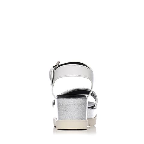 JoyPeace真美诗夏季专柜同款白/银色羊皮坡跟女凉鞋ZF332BL7