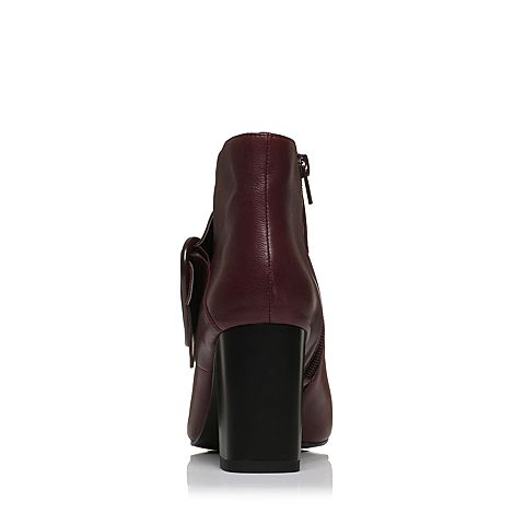 JoyPeace真美诗冬季专柜同款酒红色牛皮靴子粗跟高跟短靴尖头女靴ZB771DD7