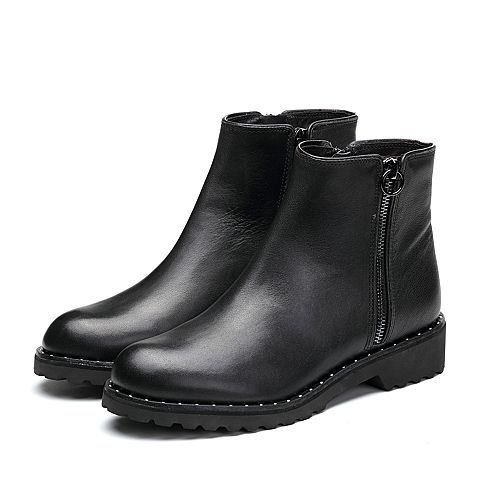 Joy&Peace/真美诗冬季专柜同款黑色（绒里）牛皮女皮靴子方跟短靴ZNX59DD7