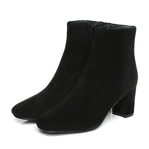 JoyPeace真美诗冬季专柜同款黑色羊绒皮短靴靴方头粗跟高跟短筒靴女靴子ZX239DD7