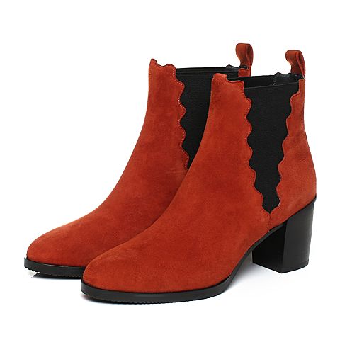 JoyPeace真美诗冬季专柜同款桔红色羊绒皮女皮靴粗跟短筒靴高跟靴子短靴YNY22DD7