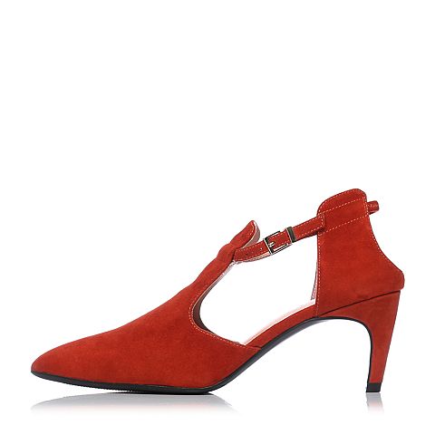 Joy&Peace/真美诗春季专柜同款红色羊绒皮细跟高跟一字扣凉鞋女YPB01AK8