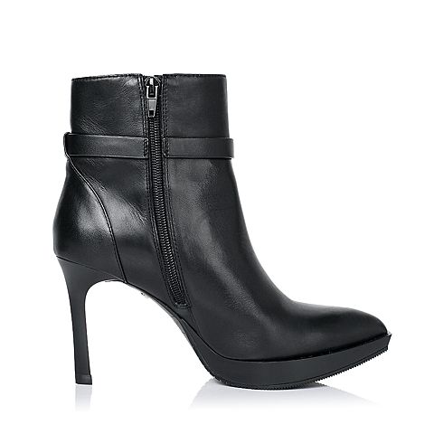 millie's/妙丽冬季专柜同款黑色打蜡胎牛皮女靴LD242DD5