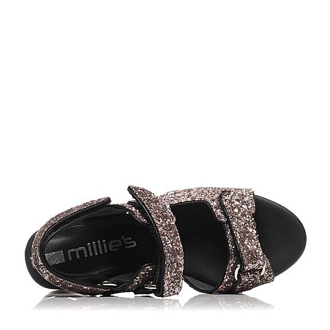 millie's/妙丽夏专柜同款啡灰/黑色亮片布女凉鞋LG201BL6