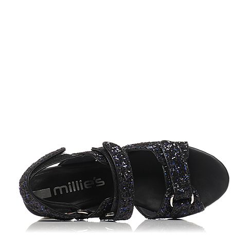 Millie's/妙丽夏专柜同款黑色亮片布女凉鞋LG201BL6