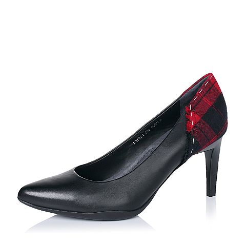 Millie's/妙丽秋专柜同款黑/红格子布拼接牛皮女单鞋LH901CQ6