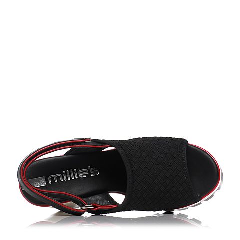 Millie's/妙丽夏专柜同款编织牛皮防水台粗跟女凉鞋LG102BL6