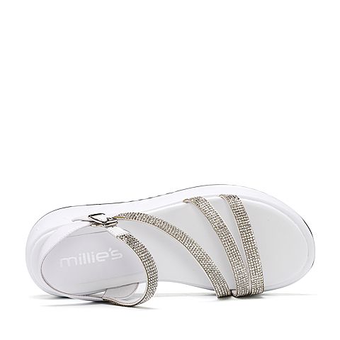 millie's/妙丽夏季专柜同款牛皮镶钻时尚坡跟女凉鞋19071BL8