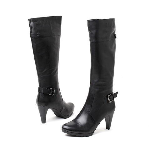 SENDA/森达冬季新款黑色蜡牛皮女鞋女高靴长靴皮带扣4ML63DG2