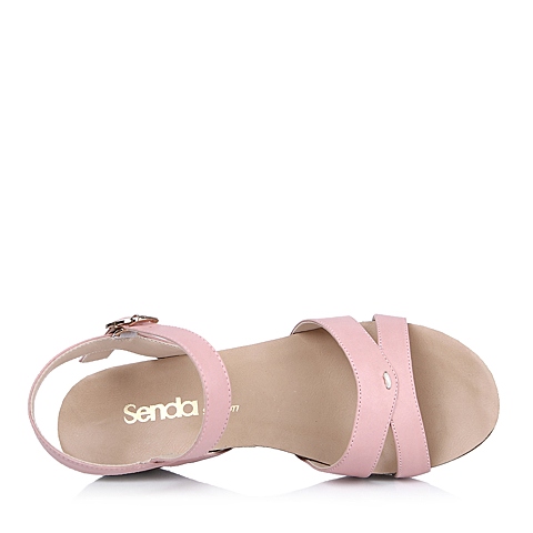 SENDA/森达粉色小牛皮女凉鞋夏季舒适休闲小坡跟妈妈鞋4GC60BL4