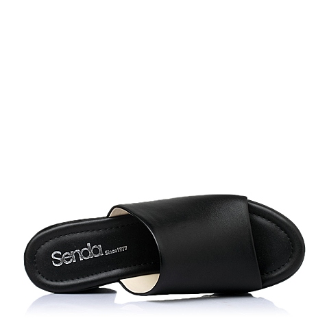 Senda/森达夏季专柜同款黑色牛皮女拖鞋E3K05BT5