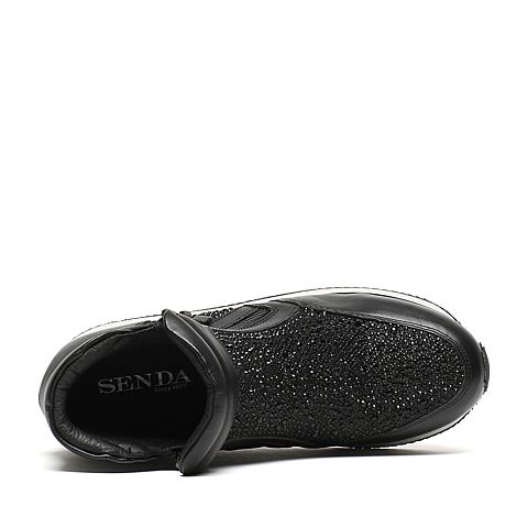 Senda/森达冬季专柜同款黑牛皮/黑蕾丝网布女靴3WK20DD6
