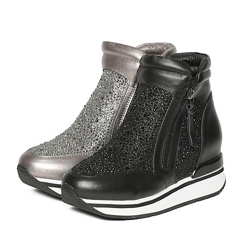 Senda/森达冬季专柜同款黑牛皮/黑蕾丝网布女靴3WK20DD6