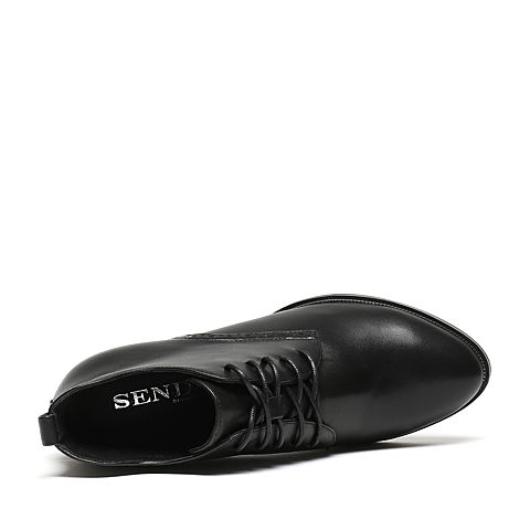 Senda/森达冬季专柜同款简约女皮短靴尖头绑带粗高跟3PI26DD6