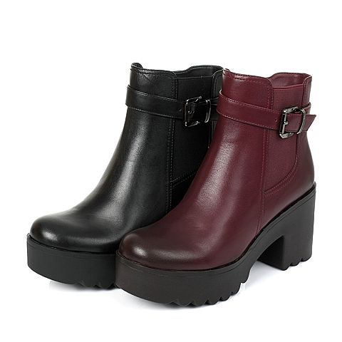 Senda/森达冬季专柜同款酒红色牛皮女短靴M3D46DD6