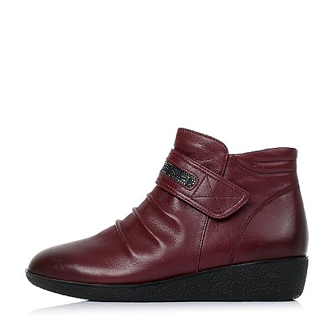 Senda/森达冬季专柜同款酒红色牛皮女皮靴短靴（绒里）N3R46DD6