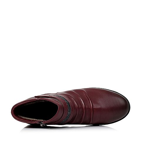 Senda/森达冬季专柜同款酒红色牛皮女皮靴短靴（绒里）N3R46DD6