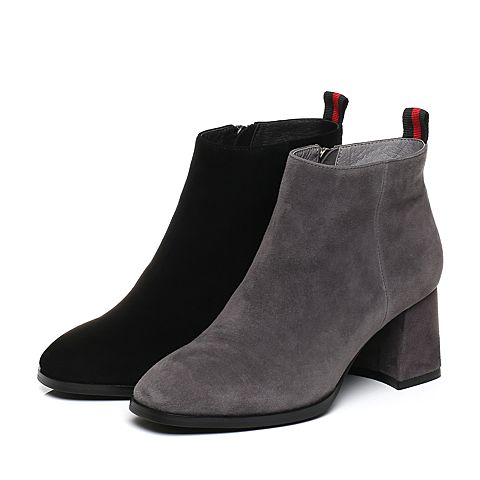 Senda/森达冬季新款气质羊绒面女短靴方头粗高跟09A-3DD7
