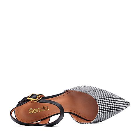 Senda/森达夏季新款专柜同款格子布尖头女细中跟凉鞋VGUB1BH8