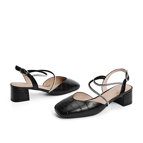 森达2021夏季新款商场同款石头纹简约休闲粗跟女凉鞋4WF02BH1
