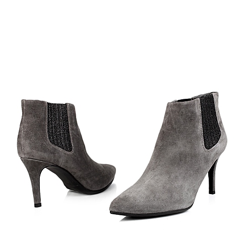 STACCATO/思加图冬季专柜同款女士灰色羊绒面皮/黑色亮片布女皮靴9SX03DD4